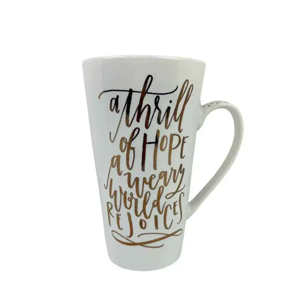 PIER 1 Stoneware Coffee Mug A Thrill of Hope Weary World Rejoices Gold Christmas